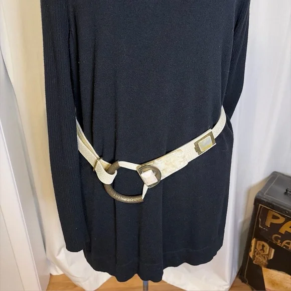 Details by Ursula Tan Leather Belt Tooled Stone Marble Brass Buckle Adjustable - Picture 1 of 6